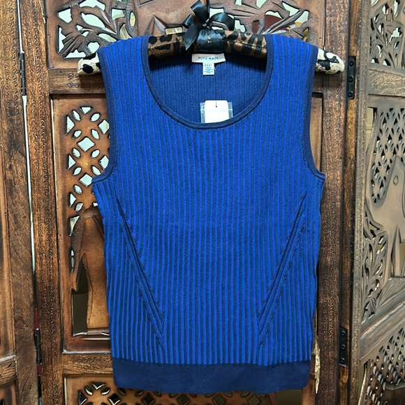 Pure Navy Rib-Knit Sleeveless Sweater / Slim Knit Vest - Picture 1 of 7